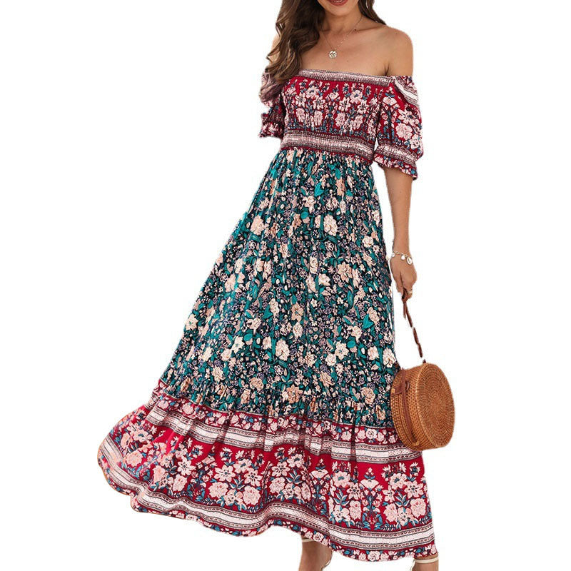 Damen Maxikleid mit voluminösen Puffärmeln und floralem Muster R&B