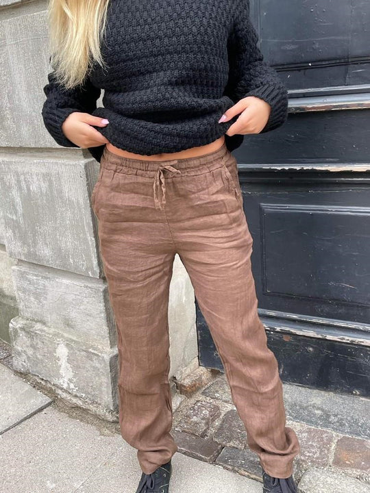 Damen lockere Leinenhose mit elastischem Bund und seitlichen Taschen R&B