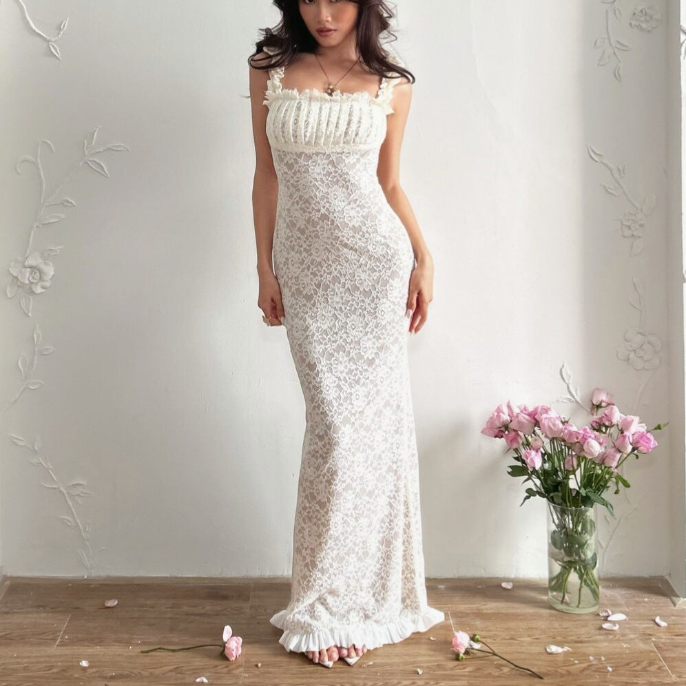 Damen Spitzen-Maxikleid mit Rüschendetails und elegantem Schnitt R&B
