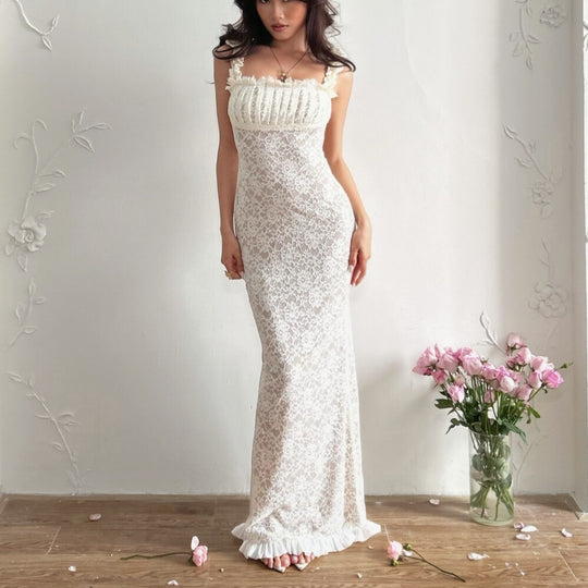Damen Spitzen-Maxikleid mit Rüschendetails und elegantem Schnitt R&B