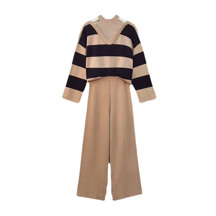 Damen modisches Strick-Loungewear-Set mit Streifenmuster und hohem Kragen R&B