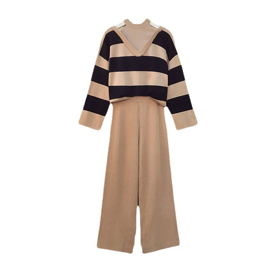 Damen modisches Strick-Loungewear-Set mit Streifenmuster und hohem Kragen R&B