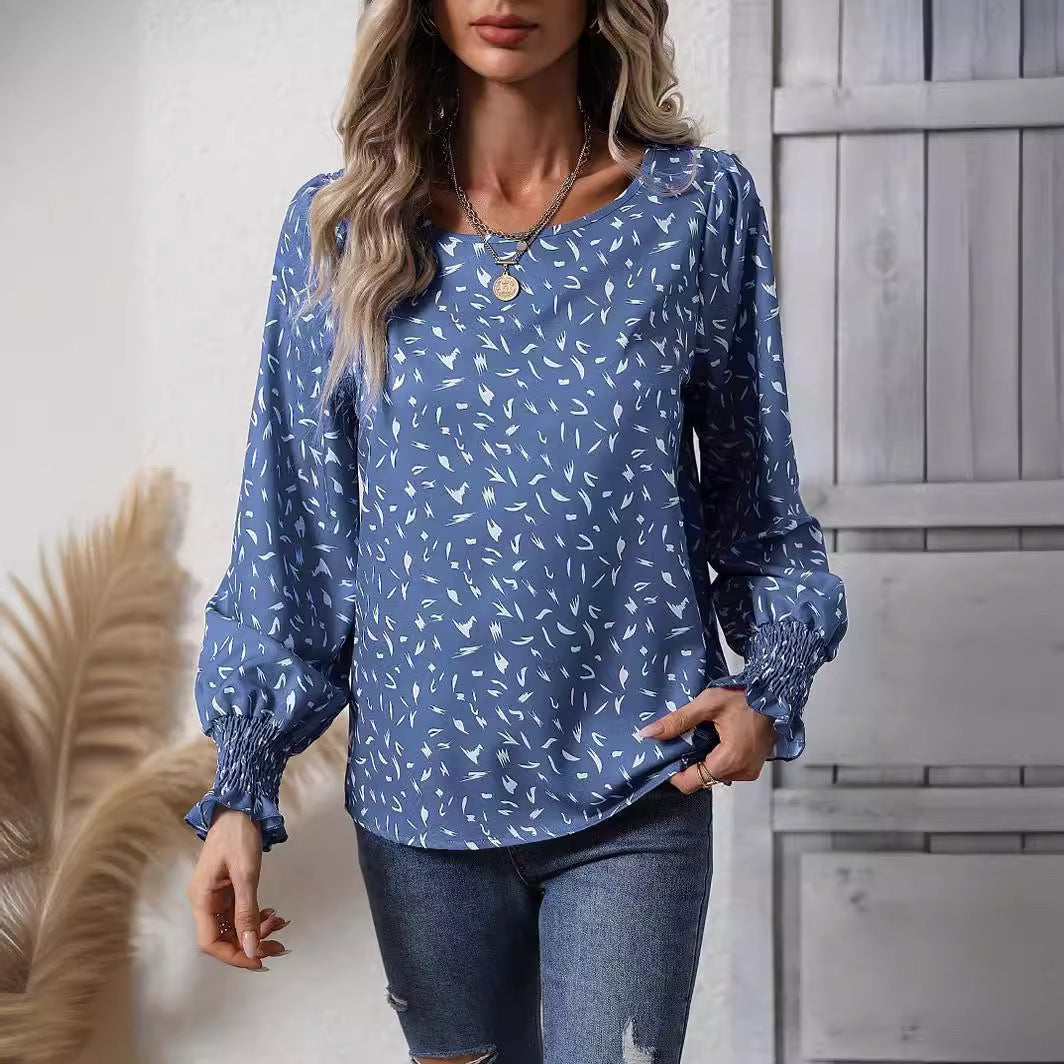 Damen elegante Bluse mit raffinierten Puffärmeln und zartem Muster R&B