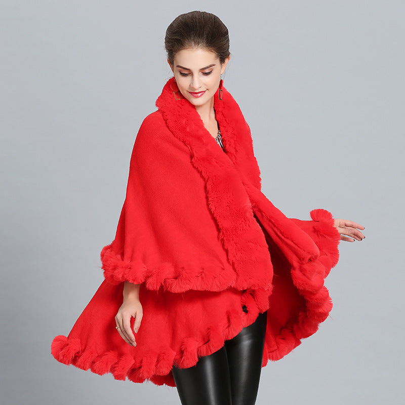 Damen Kapuzenponcho mit luxuriösem Fellkragen und eleganter Umrandung R&B