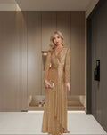 Damen Elegantes Pailletten Abendkleid mit Wickeloptik und langen Ärmeln