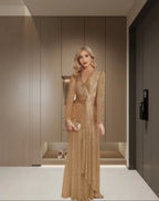 Damen Elegantes Pailletten Abendkleid mit Wickeloptik und langen Ärmeln