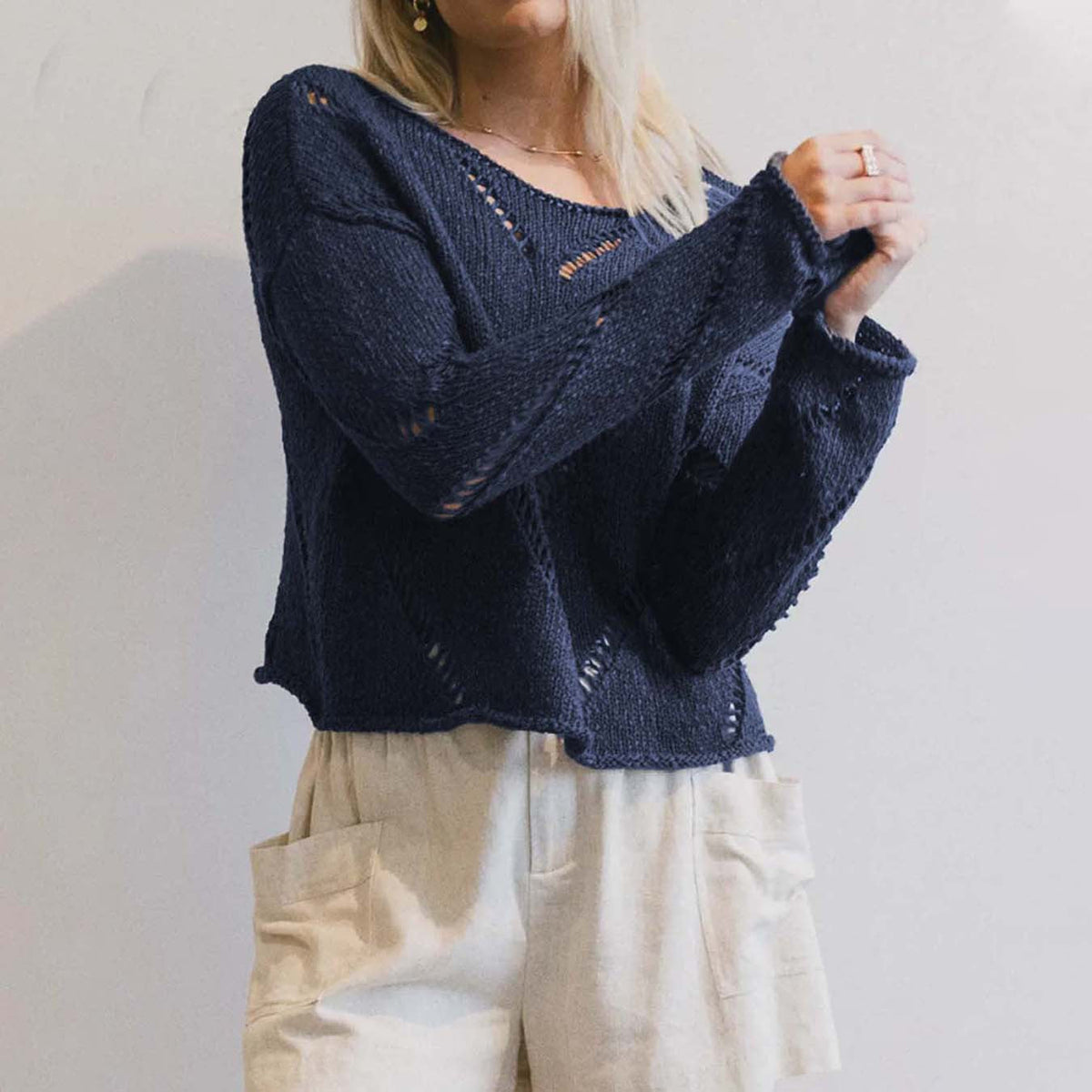 Damen lässiger Strickpullover mit luftiger Maschenstruktur