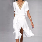Damen elegantes Kimono-Style Strandkleid mit Gürtel und V-Ausschnitt R&B