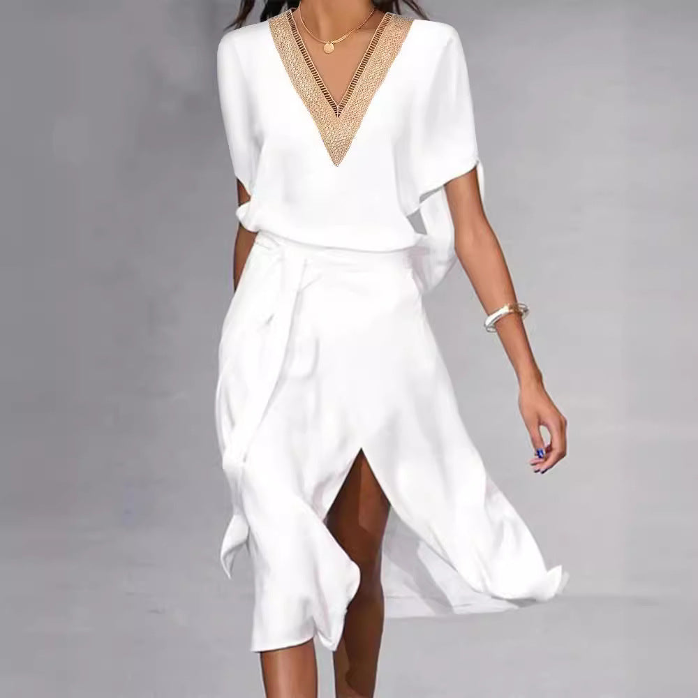 Damen elegantes Kimono-Style Strandkleid mit Gürtel und V-Ausschnitt R&B