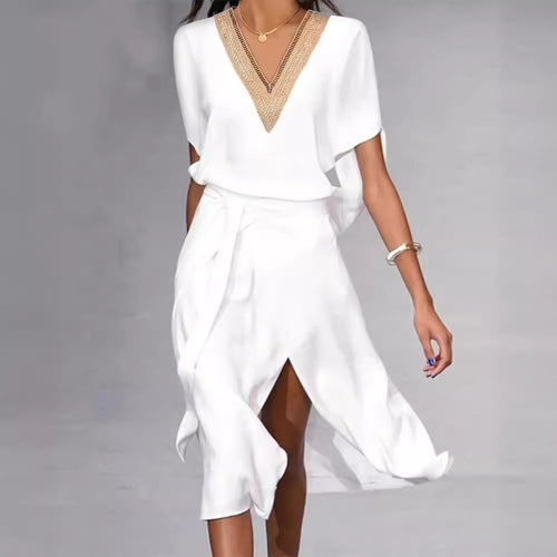 Damen elegantes Kimono-Style Strandkleid mit Gürtel und V-Ausschnitt R&B