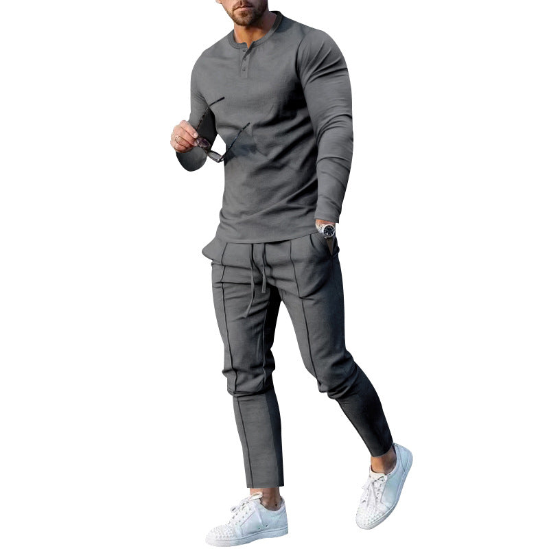Herren athletisches Freizeit-Ensemble mit langärmligem Henley-Oberteil und bequemen Jogginghosen R&B