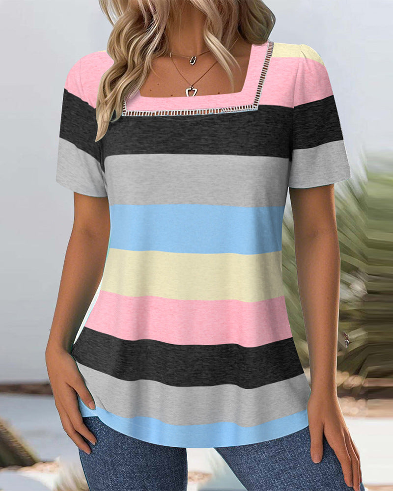 Damen T-Shirt mit modernem Streifenmuster und dekorativem Rundhalsausschnitt R&B