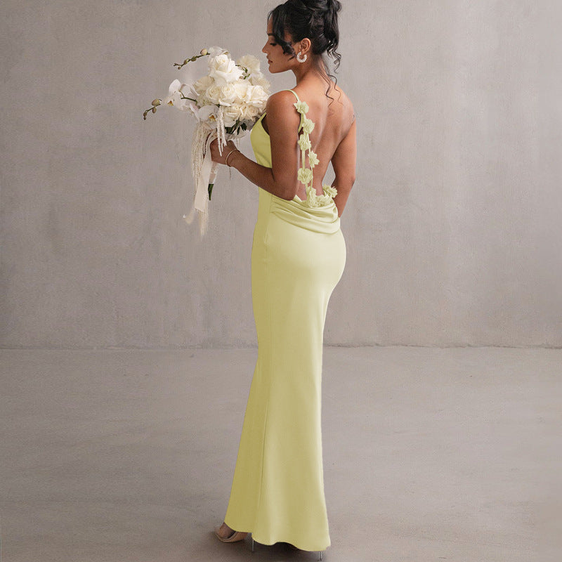 Damen Satin Maxikleid mit zarten Trägern und eleganter Drapierung R&B
