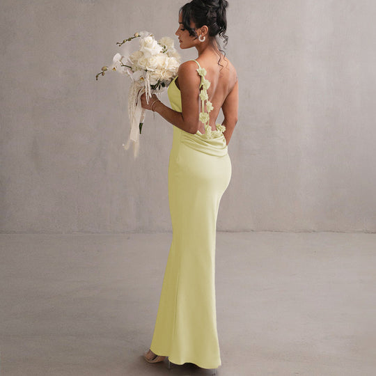Damen Satin Maxikleid mit zarten Trägern und eleganter Drapierung R&B