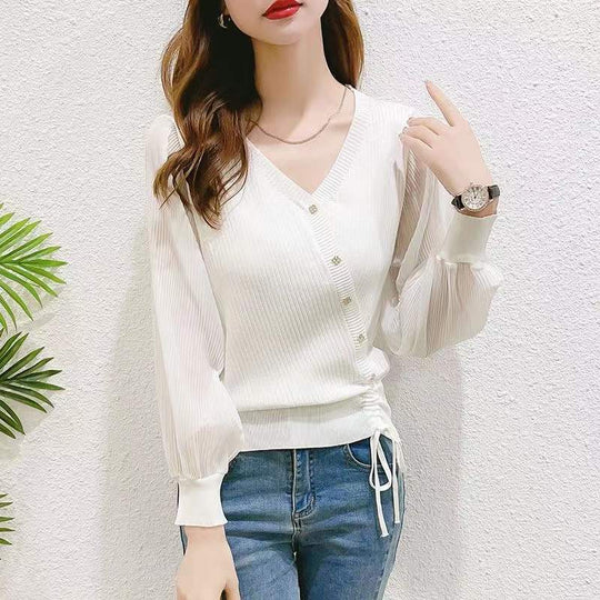 Damen eleganter Strickpullover mit Knopfdetails und transparenten Ärmeln R&B