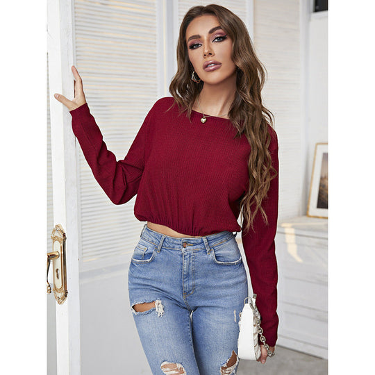 Damen Gekürztes Geripptes Langarmtop R&B