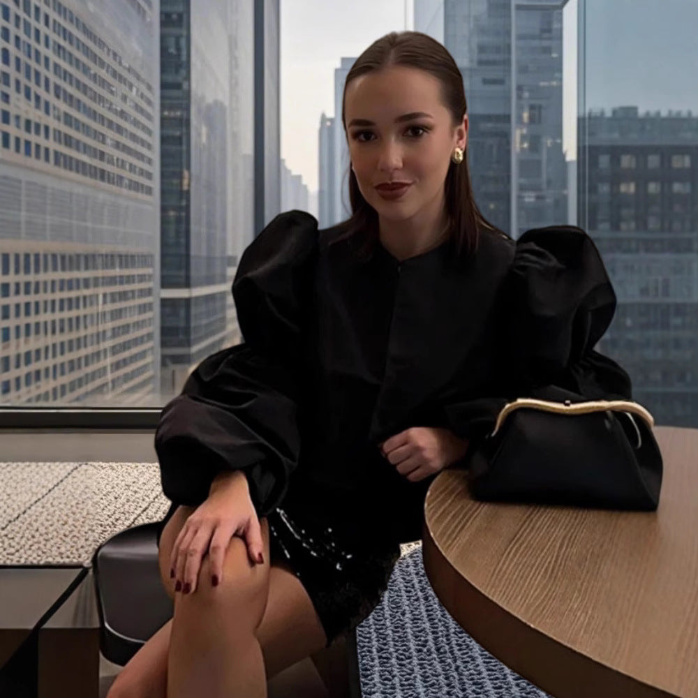 Damen Glamouröser Puffärmel Blazer mit schimmerndem Satin-Finish R&B