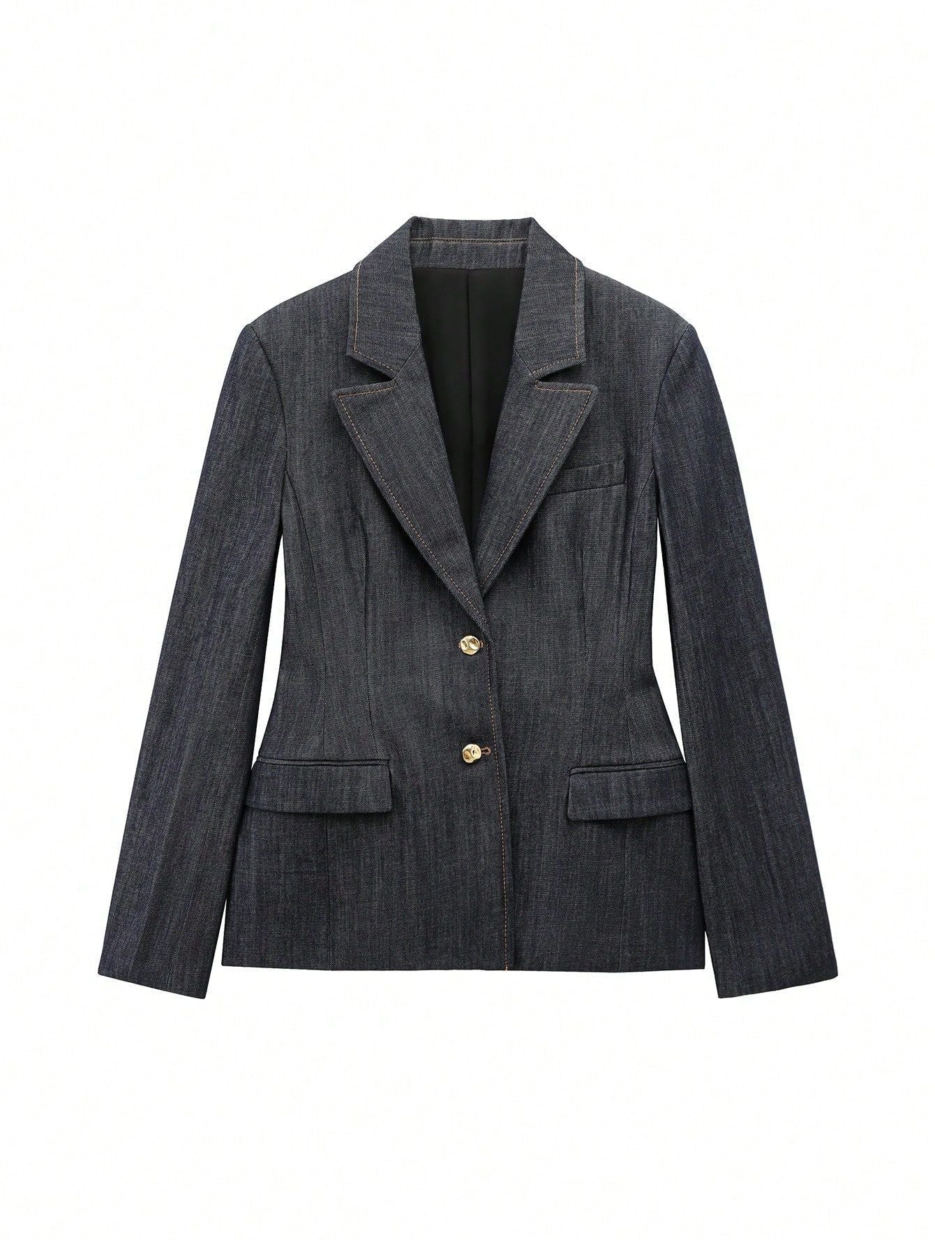 Damen taillierter Jeansblazer mit goldenen Knöpfen und praktischen Taschen