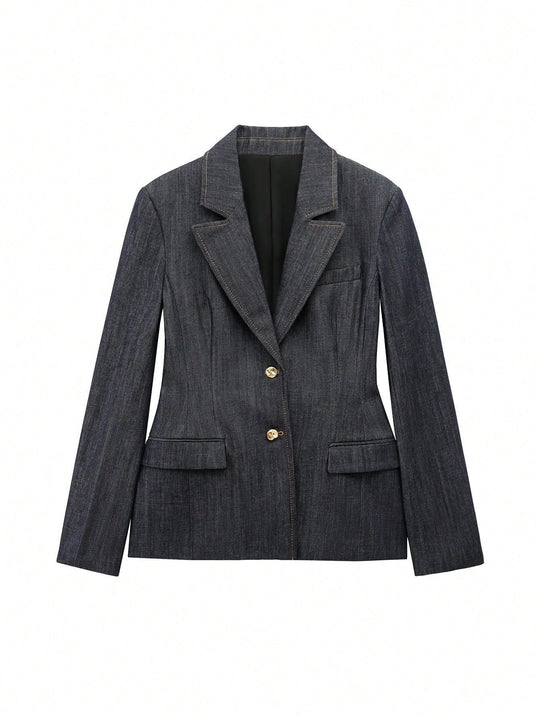 Damen taillierter Jeansblazer mit goldenen Knöpfen und praktischen Taschen R&B