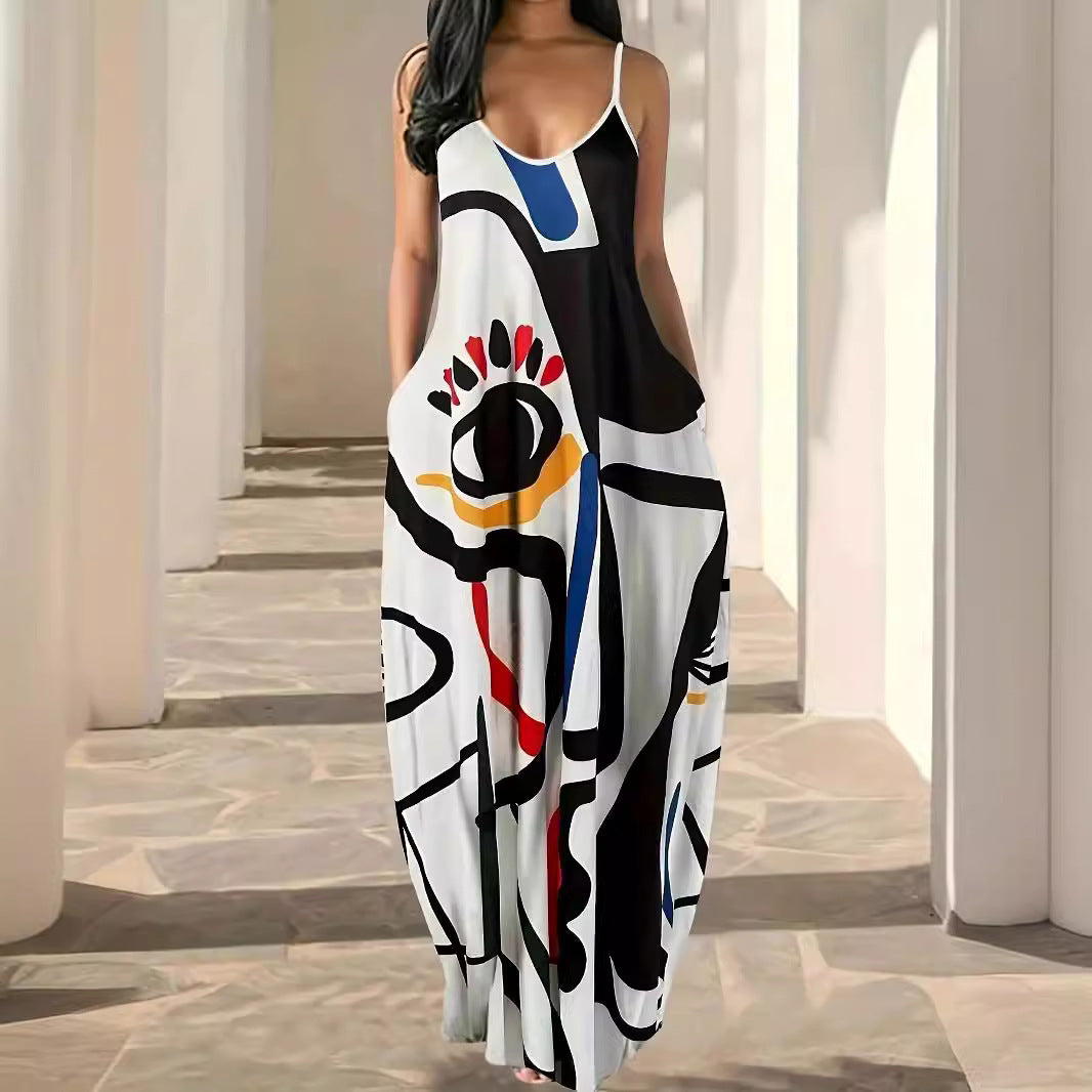 Damen Maxikleid mit modernem grafischen Print und schwingendem Saum R&B