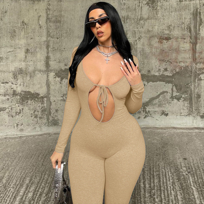 Damen Figurbetonter Langarm-Jumpsuit mit herzförmigem Ausschnitt und schnürbarem Detail R&B