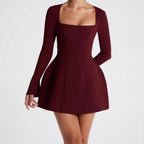 Damen Elegantes Minikleid mit Quadrat-Ausschnitt und ausgestellten Ärmeln R&B