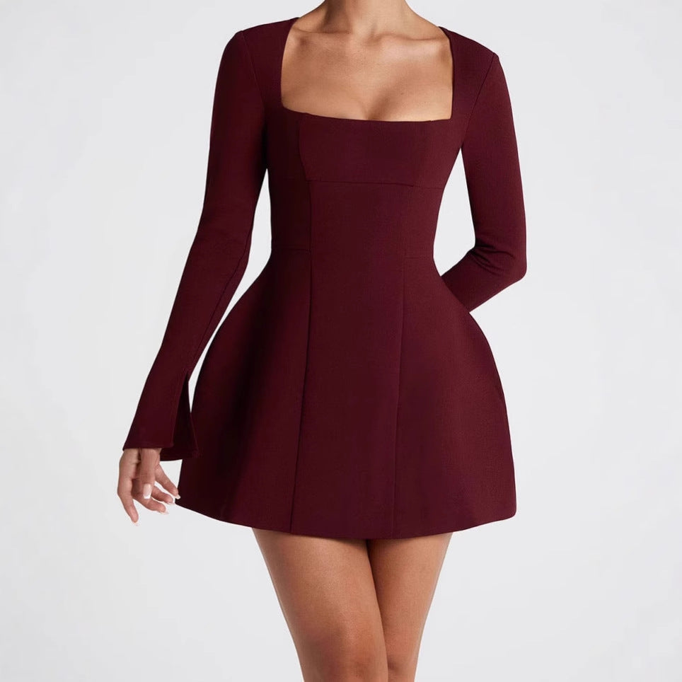 Damen Elegantes Minikleid mit Quadrat-Ausschnitt und ausgestellten Ärmeln R&B