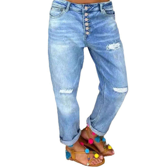 Damen Boyfriend Jeans mit Knopfverschluss und Distressed-Details R&B