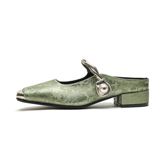 Damen Slingback-Mules mit schimmerndem Stoff und dekorativem Schnallenakzent R&B