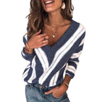 Damen nan gestrickter V-Ausschnitt Pullover mit diagonalen Streifen und lässiger Oversize-Passform R&B