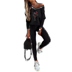 Damen Trendiges Freizeit-Outfit mit Off-Shoulder Oberteil und dekorativen Steinchen R&B