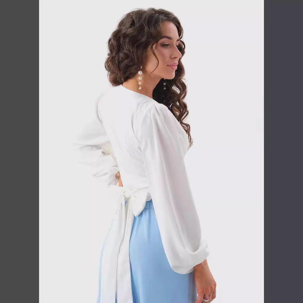 Damen Viskose Wrap-Bluse mit Puffärmel und tiefem V-Ausschnitt R&B