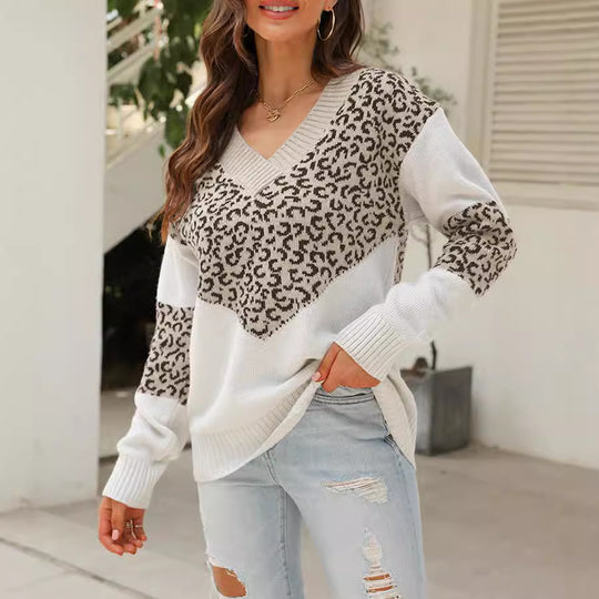 Damen Modischer Pullover mit einzigartigem Leopardenmuster und V-Ausschnitt R&B