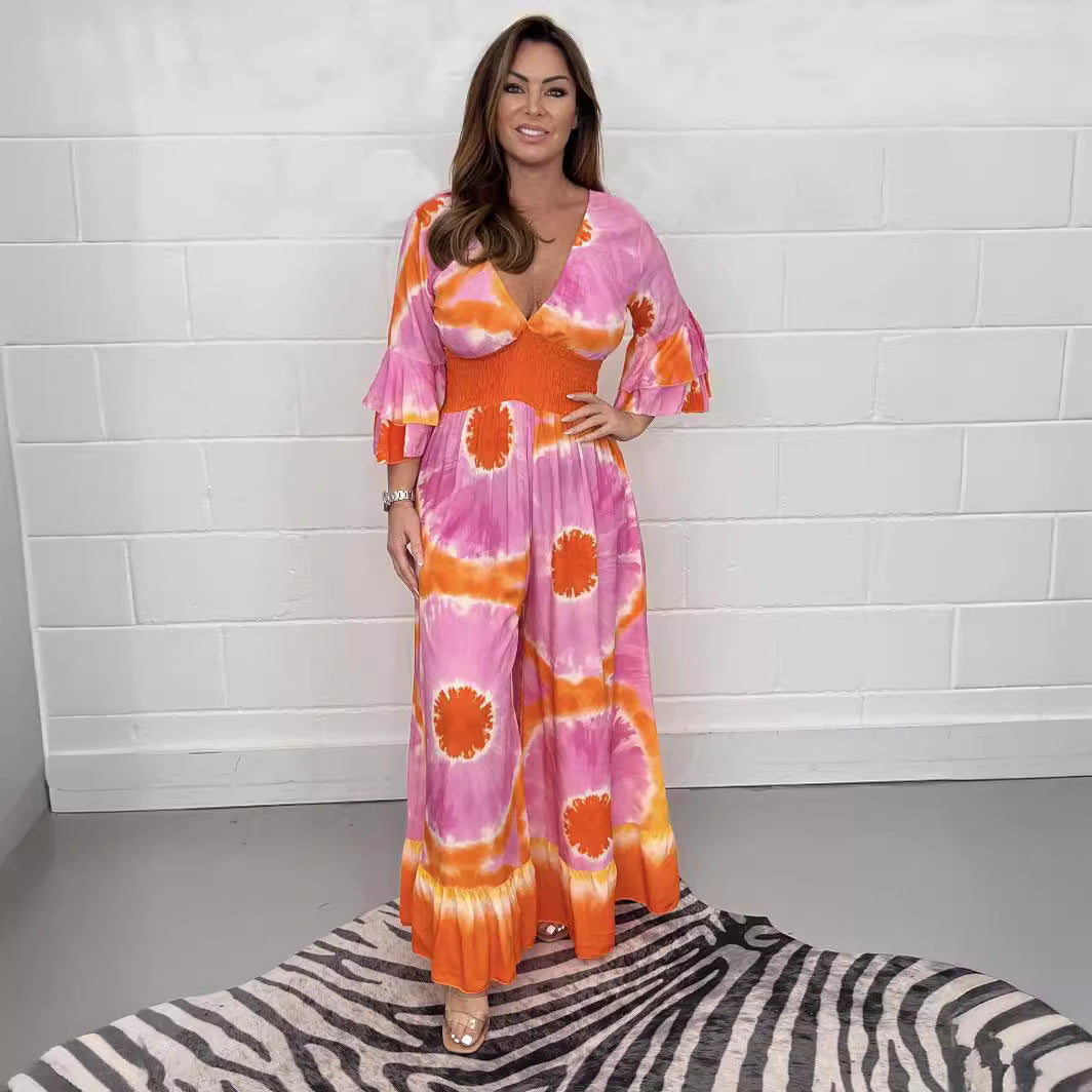 Damen Maxikleid mit asymmetrischen Ärmeln und einzigartigem Batik-Design R&B