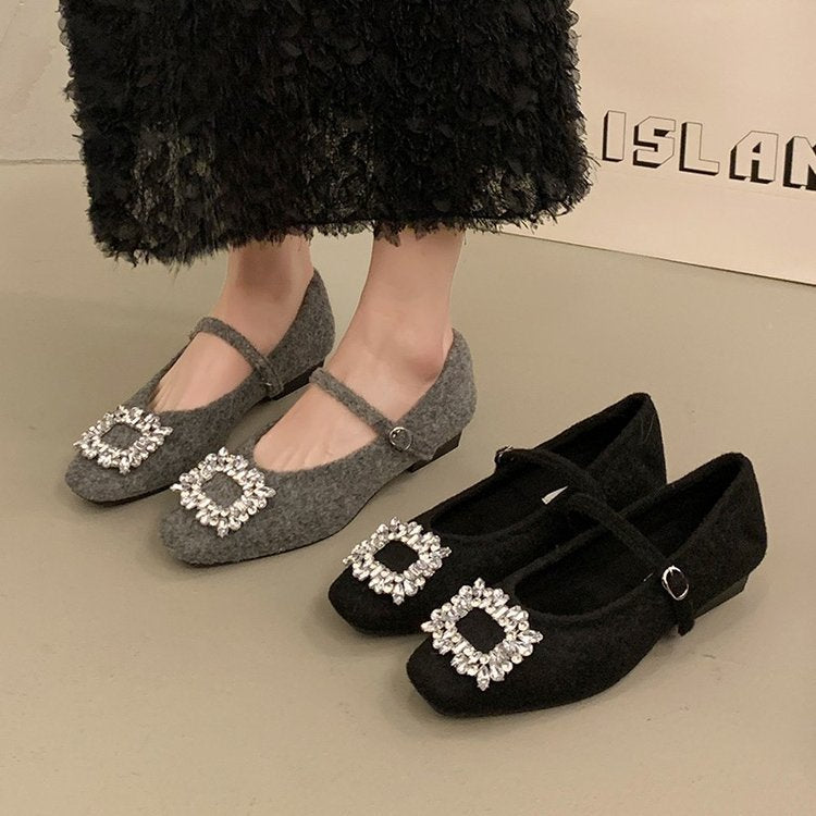 Damen Filz-Ballerinas mit eleganter Schnallenverzierung und funkelndem Kristallschmuck R&B