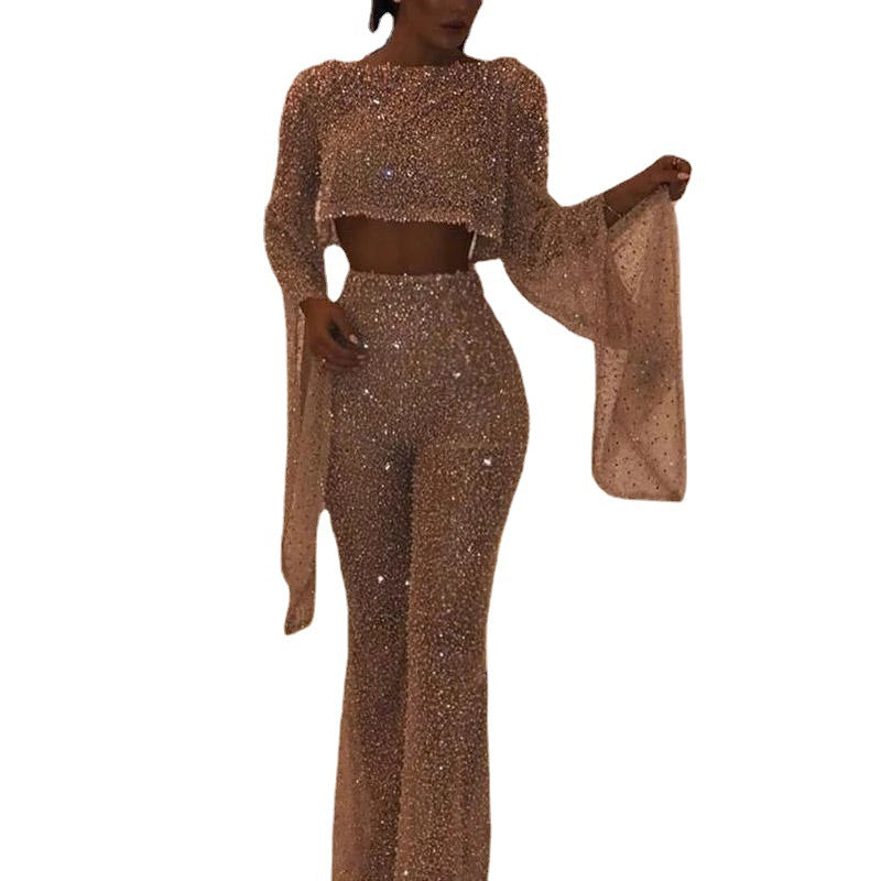 Damen Glitzerndes Zweiteiliges Set mit weitem Bein und langen Ärmeln R&B