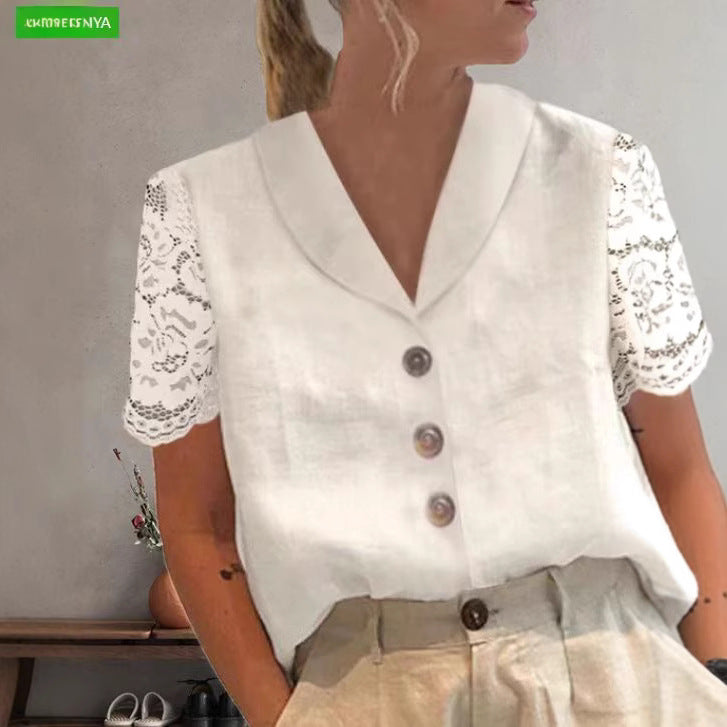 Damen Bluse mit Spitzenärmeln und raffinierten Knopfdetails Heidi-Mode