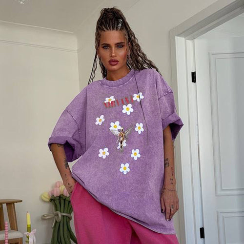 Damen Trendiges Oversized T-Shirt mit floralem Aufdruck R&B