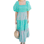 Damen Maxikleid mit gerafftem Oberteil und voluminösen Puffärmeln R&B