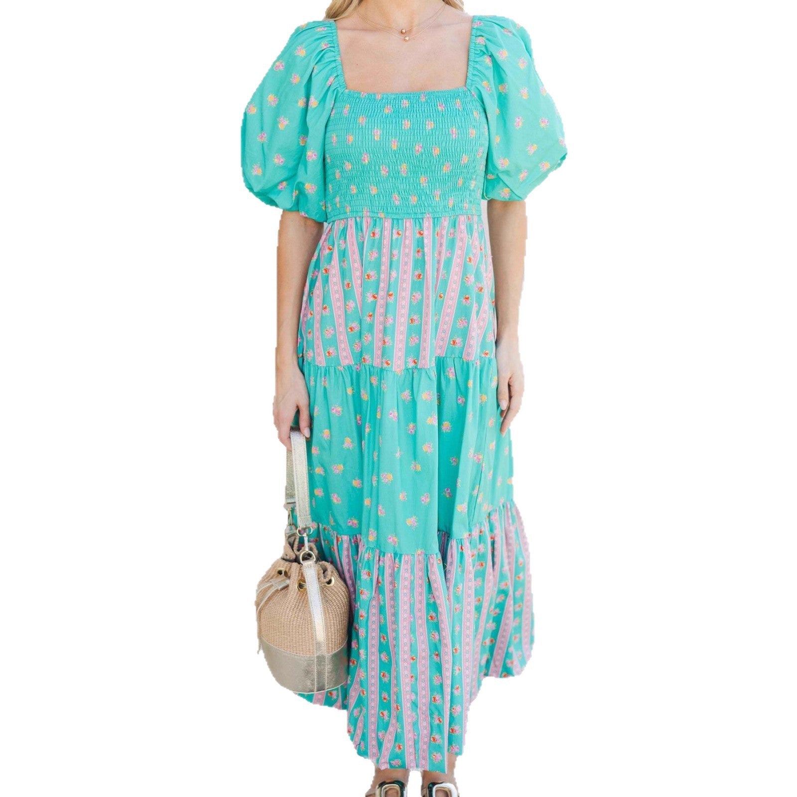 Damen Maxikleid mit gerafftem Oberteil und voluminösen Puffärmeln R&B