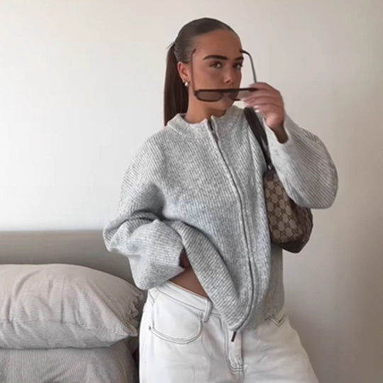Damen kuschelige Strickjacke mit hohem Kragen und Reißverschluss R&B