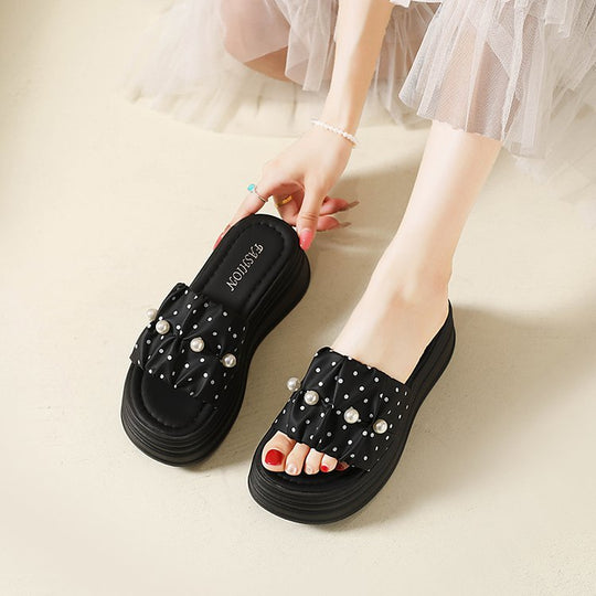 Damen elegante Plateausandalen mit Perlenschmuck R&B