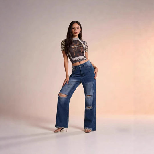 Damen weite Jeans mit stylischem Destroyed-Detail und bequemer Passform R&B