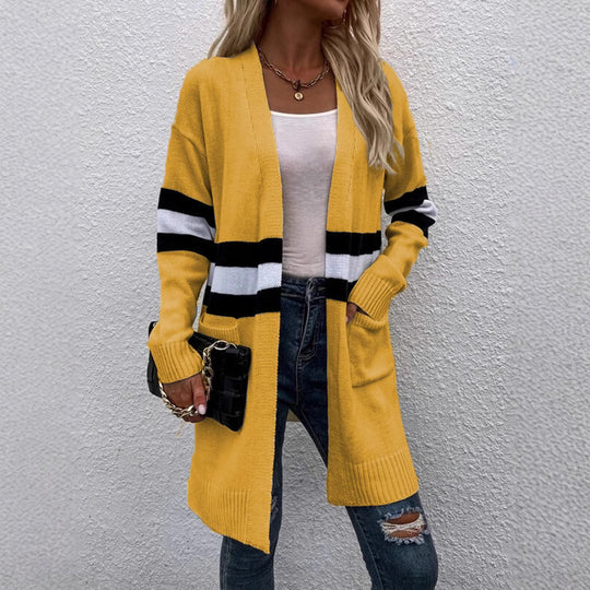 Damen Langarm Strickcardigan mit modernen Streifen und praktischen Taschen R&B