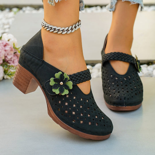 Damen elegante Pantoletten mit floralem Dekor und geflochtenem Riemen R&B
