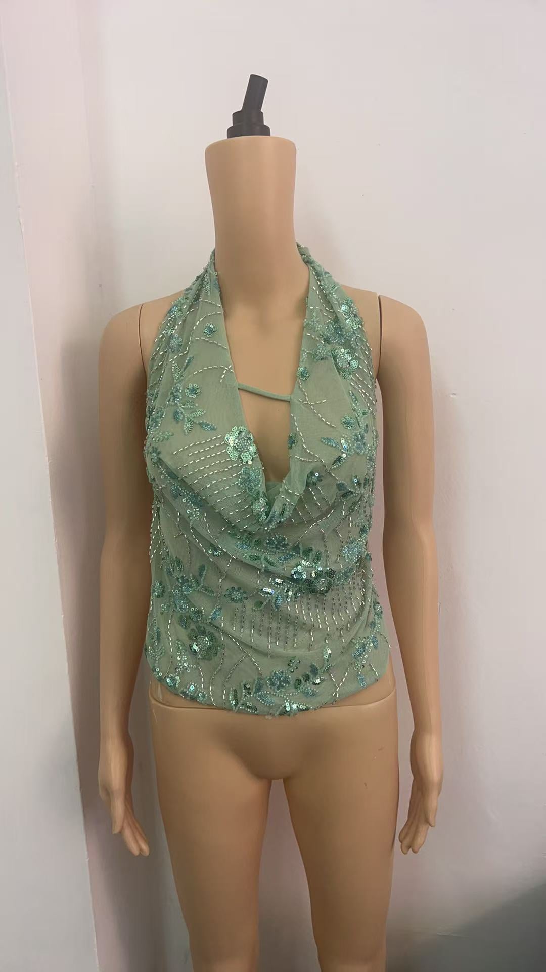 Damen Glitzerndes Spaghetti-Trägeroberteil mit floralen Applikationen und tiefem Ausschnitt R&B
