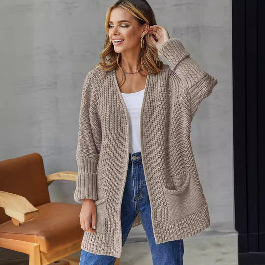 Damen gestrickter Cardigan mit großzügigen Taschen und strukturiertem Design R&B