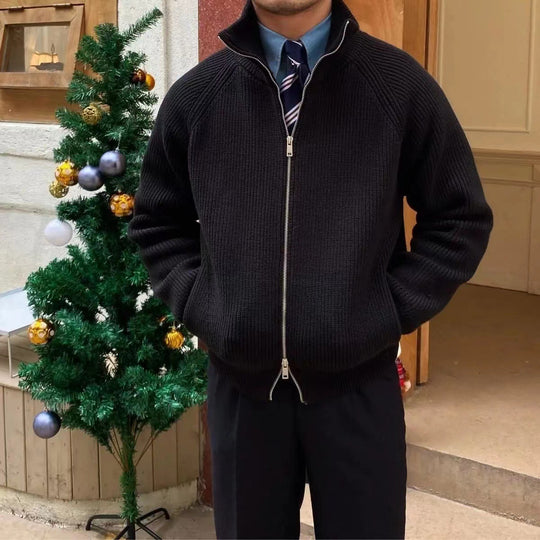 Herren hochwertige Strickjacke mit hohem Kragen und praktischen Reißverschluss R&B