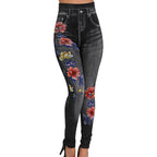 Damen Hochtaillierte Leggings im Jeans-Look mit floralem Motiv