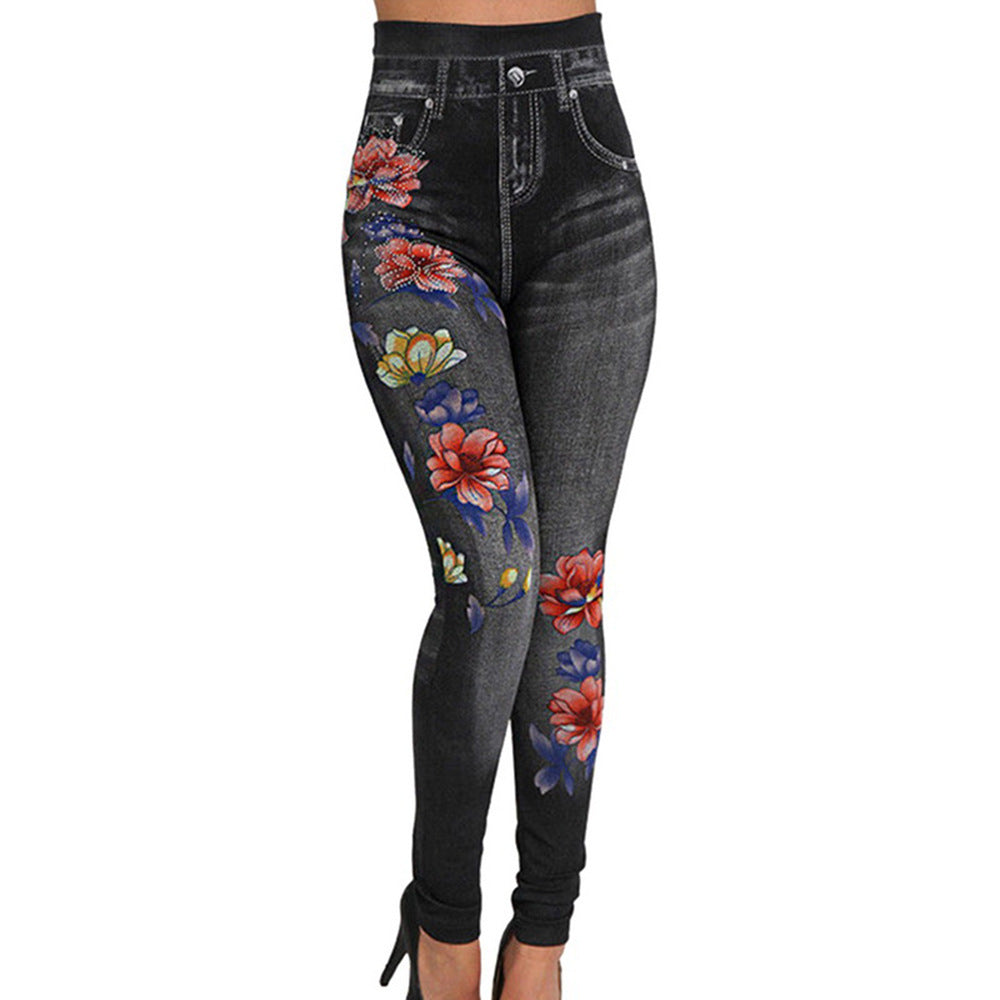 Damen Hochtaillierte Leggings im Jeans-Look mit floralem Motiv